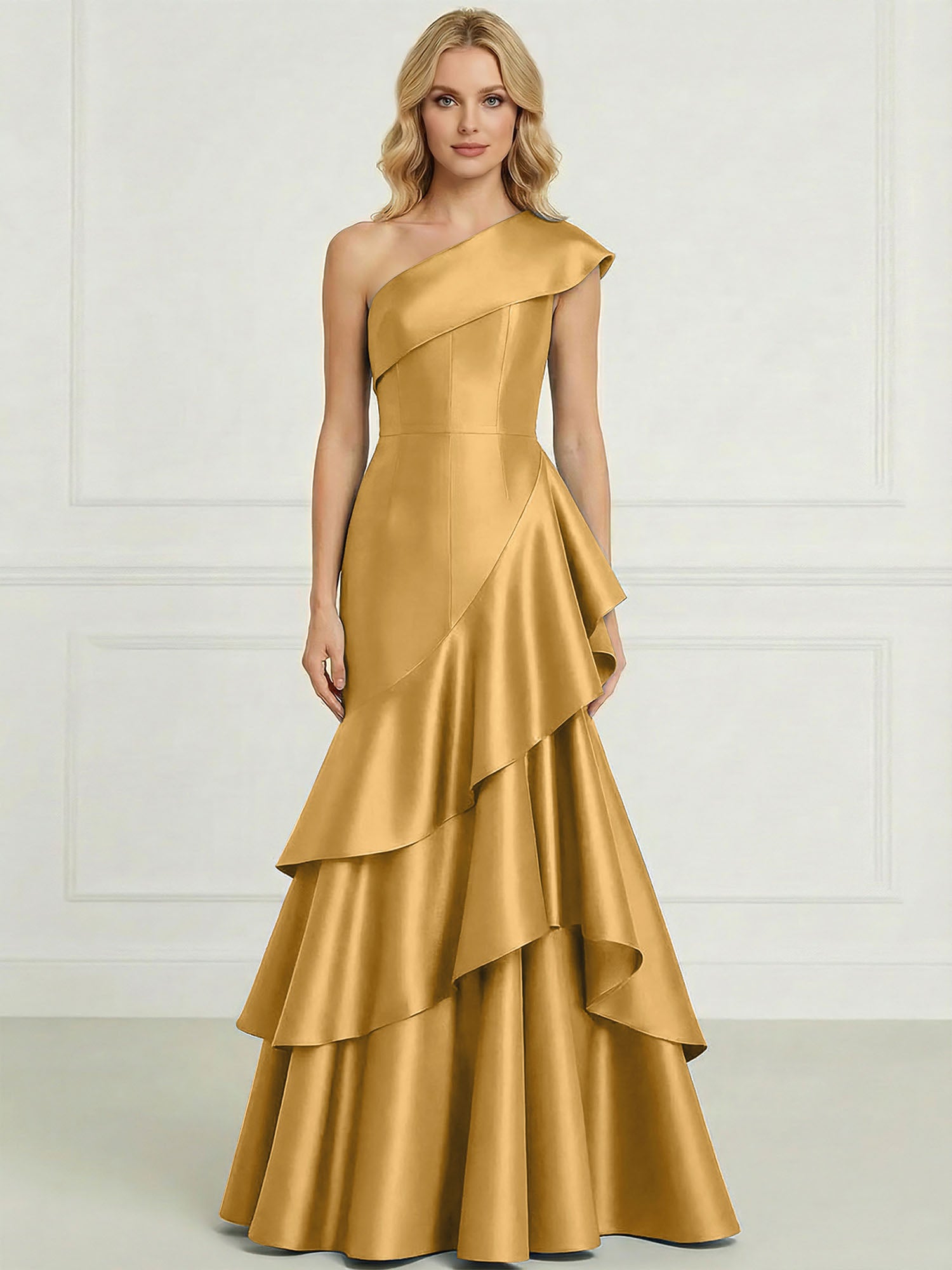 Formal Evening Dress Dark Blue One-Shoulder Satin Tiered Maxi Gown