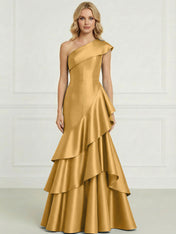 Formal Evening Dress Dark Blue One-Shoulder Satin Tiered Maxi Gown