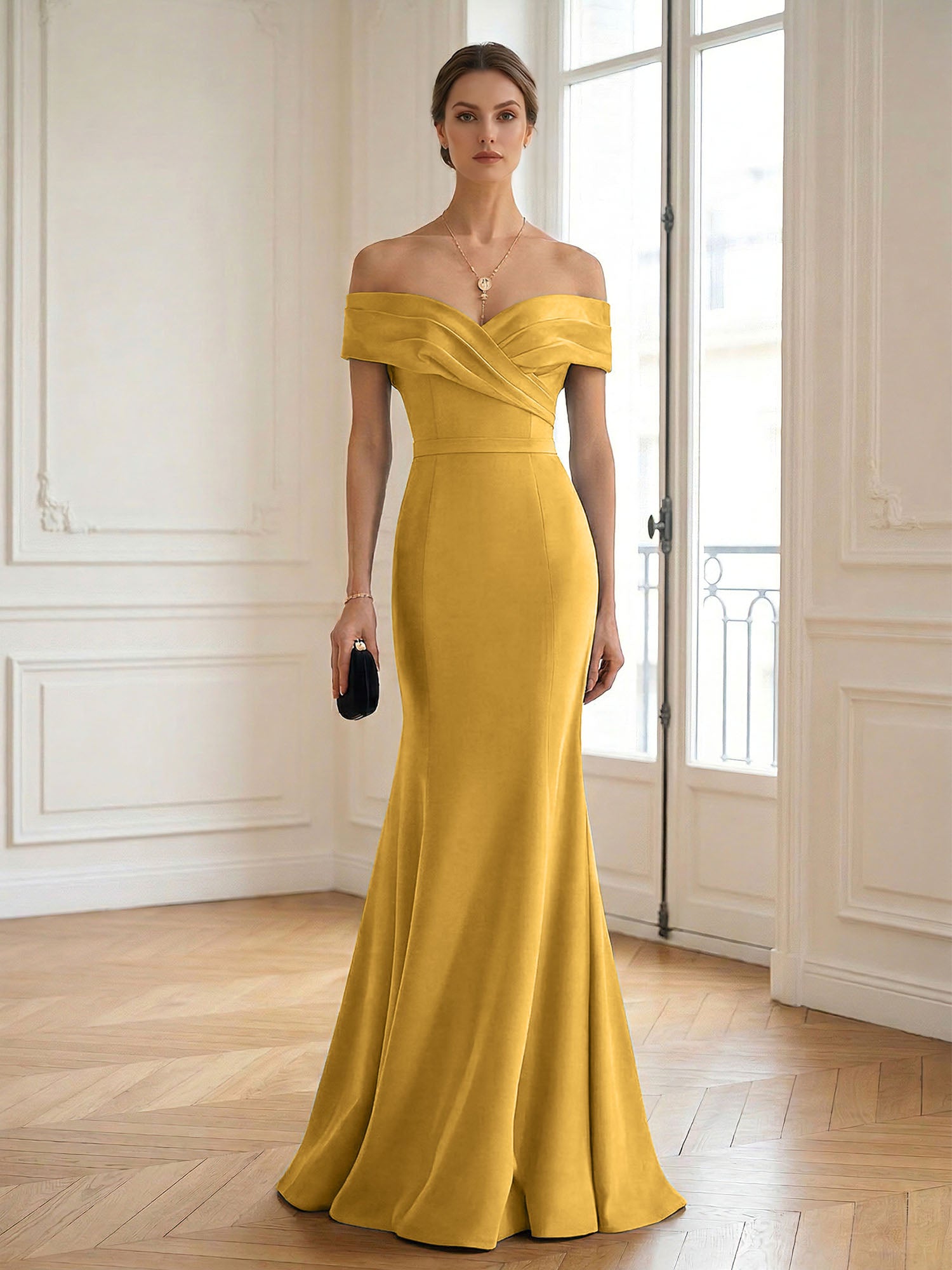 Formal Wedding Guest Dress Navy Off Shoulder Maxi Mermaid Dress