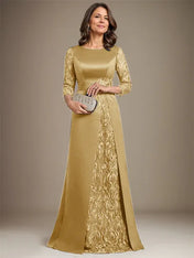 A-Line Scoop Floor-Length Lace Satin Mother Of the Bride Dress With Applique