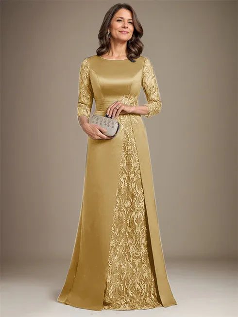 A-Line Scoop Floor-Length Lace Satin Mother Of the Bride Dress With Applique