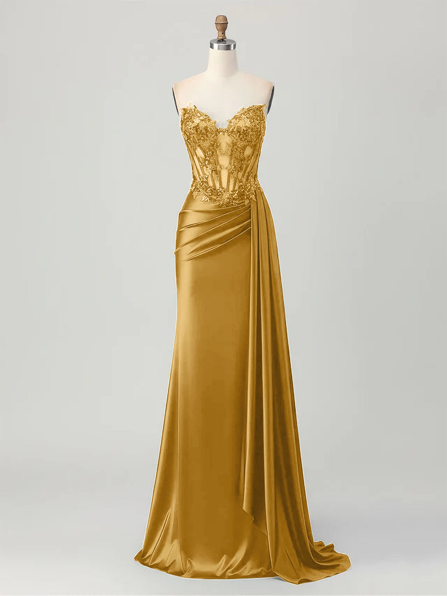 Strapless Illusion Bodice Prom Dress with Satin Skirt