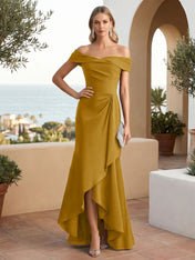 Off the Shoulder Pleat Satin High Low Mermaid Evening Dresses for Women
