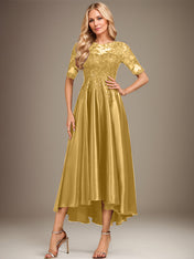 A-line Scoop Illusion Asymmetrical Stretch Satin Lace Mother of the Bride Dress With Sequins
