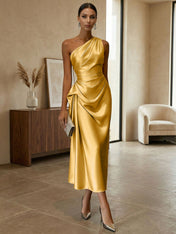 Champagne Ruched Satin One Shoulder Sleeveless Sheath Midi Dress