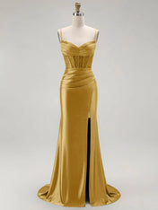 Sparkly Satin Mermaid Long Corset Prom Dress with Beading