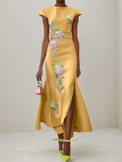 Green Floral Embroidered Cap Sleeve Slit Sheath Maxi Dress