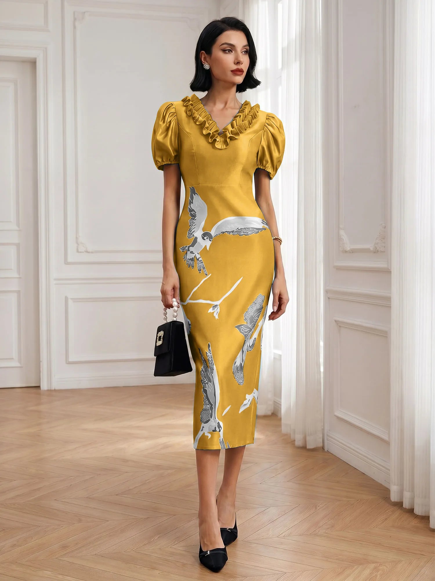 Black Folds V Neck Puff Sleeve Midi Sheath Dress