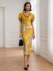 Black Folds V Neck Puff Sleeve Midi Sheath Dress