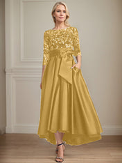A-line Scoop Illusion Asymmetrical Satin Lace Mother of the Bride Dress With Bow