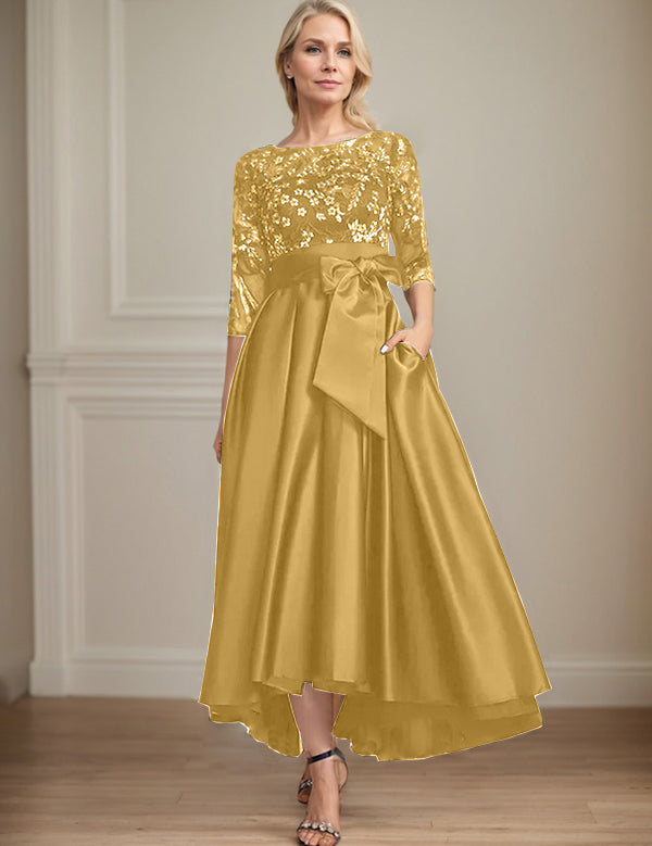 Robe de mère de la mariée asymétrique en satin et dentelle, coupe trapèze, décolleté en V, avec nœud 
