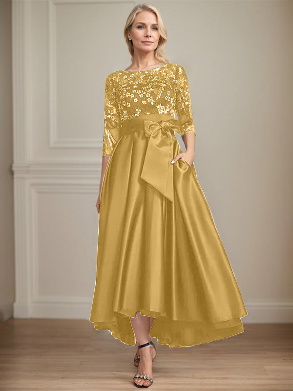 A-line Scoop Illusion Asymmetrical Satin Lace Mother of the Bride Dress With Bow