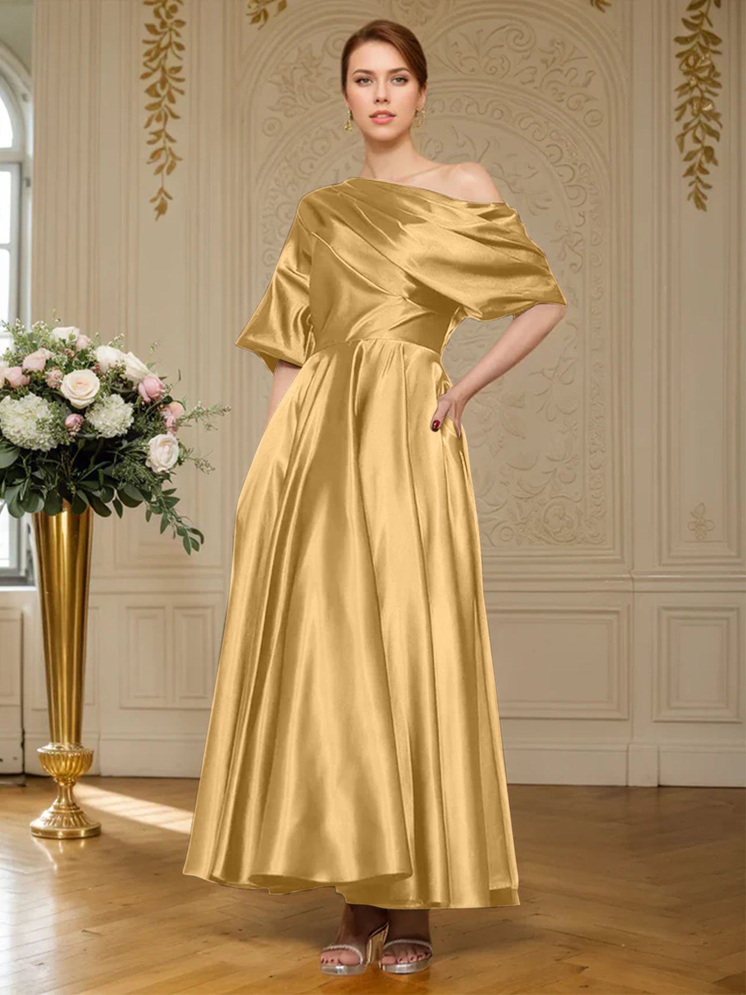 A-line Short Sleeves Pleated Ankle-Length Silk like Satin Mother of the Bride Dress