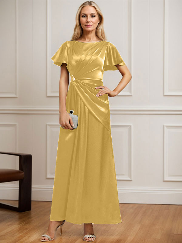 A-line Scoop Ankle-Length Stretch Satin Mother of the Bride Dress With Pleated Beading
