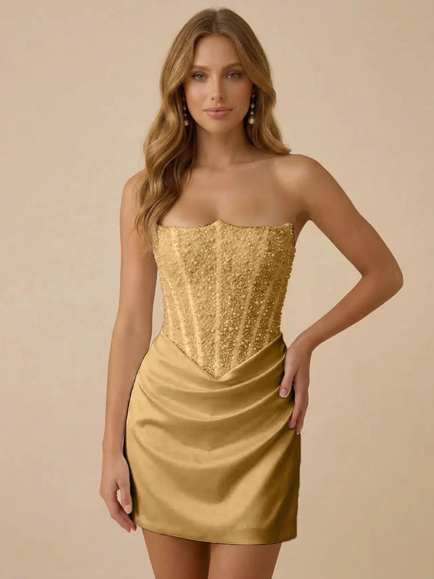 White Strapless Sequin Beaded Satin Short Homecoming Dress with Corset