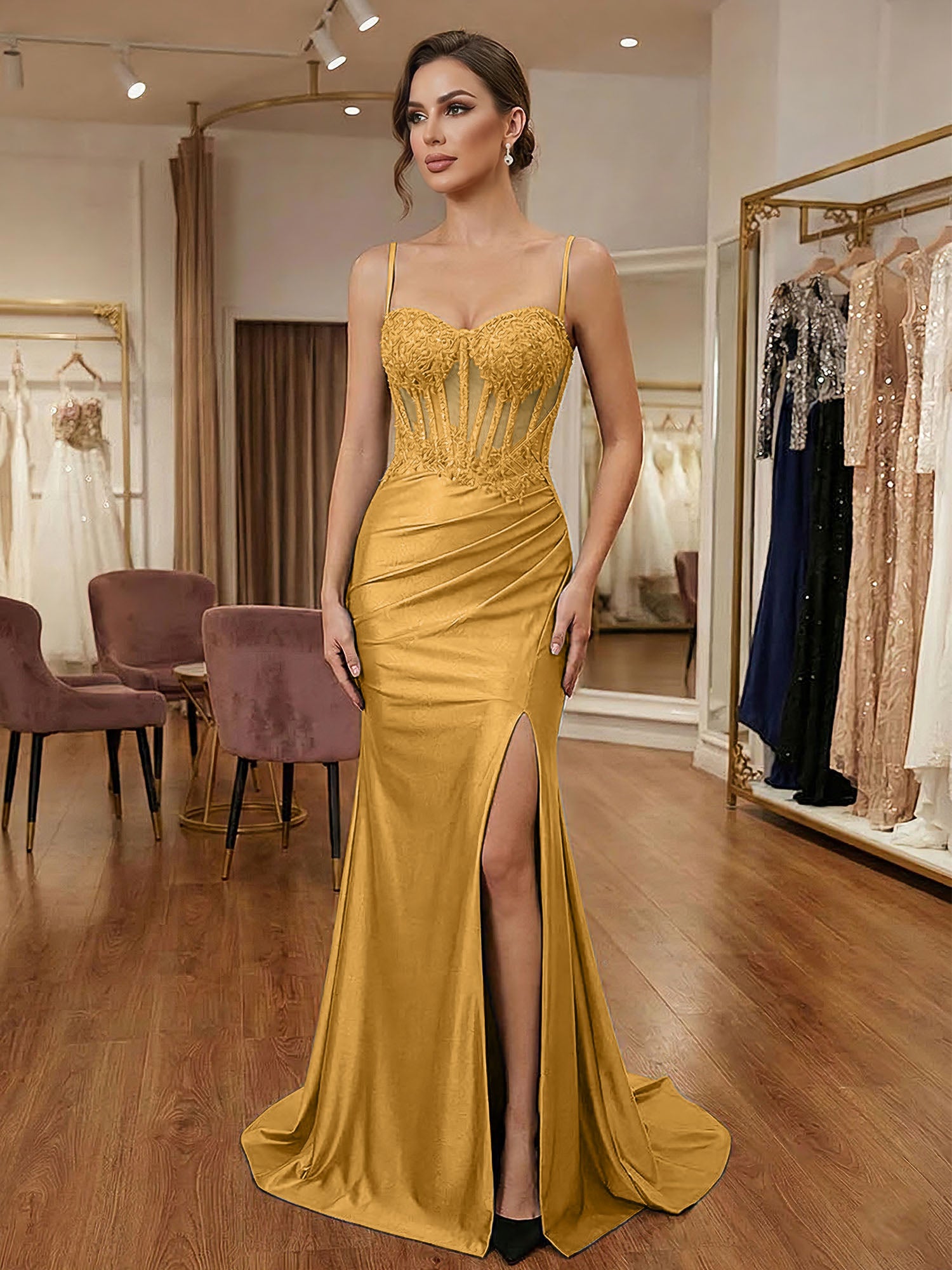 Black Beaded Corset Satin Long Prom Dress with High Slit