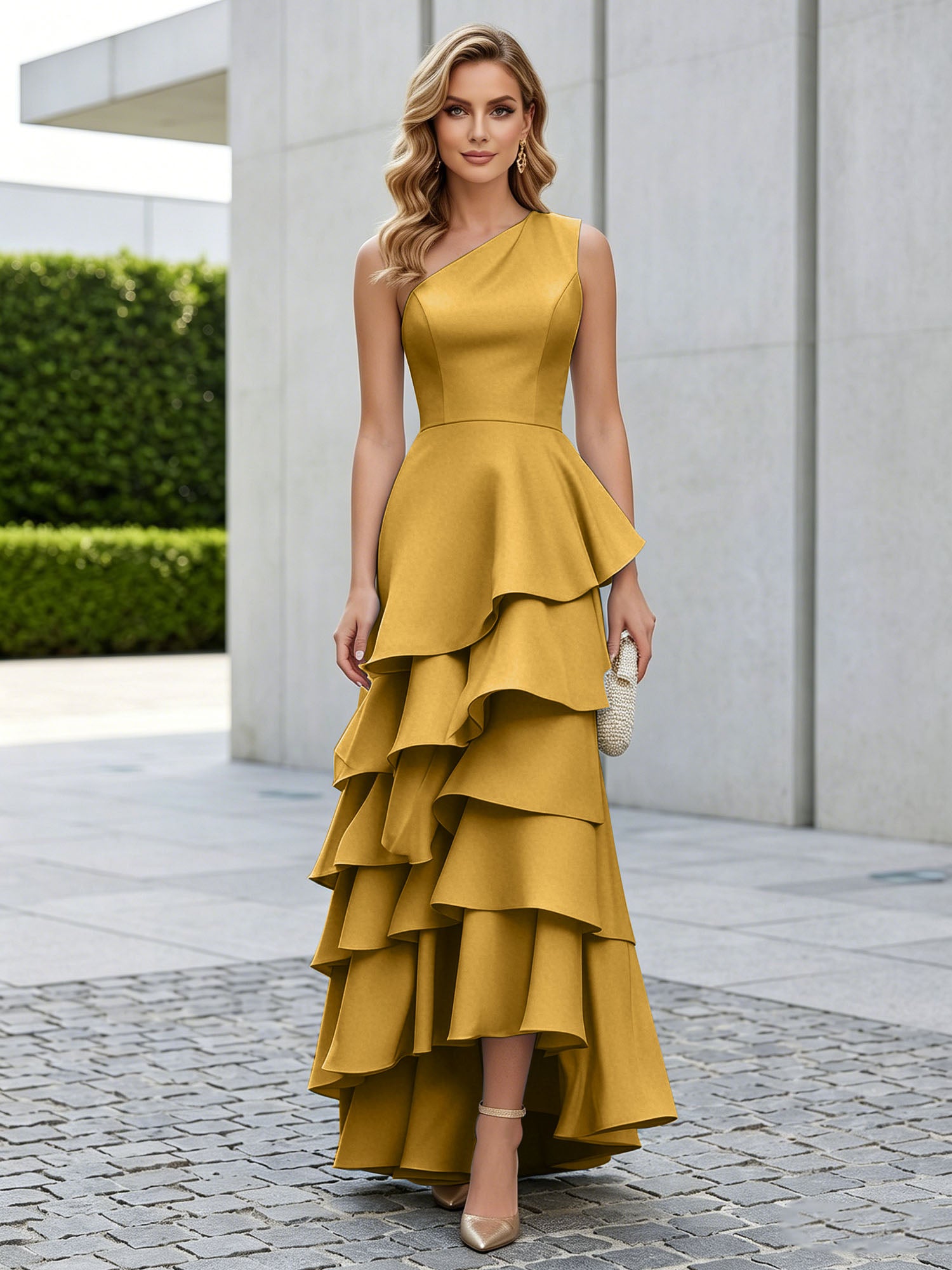 One Shoulder Tiered Ruffle Satin Mermaid Evening Gown with Sculptural Layers