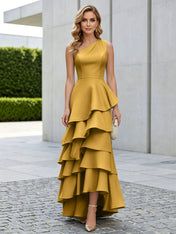 One Shoulder Tiered Ruffle Satin Mermaid Evening Gown with Sculptural Layers