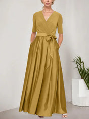 Surplice Neckline Ballgown with Full Satin Skirt & Jersey Bodice