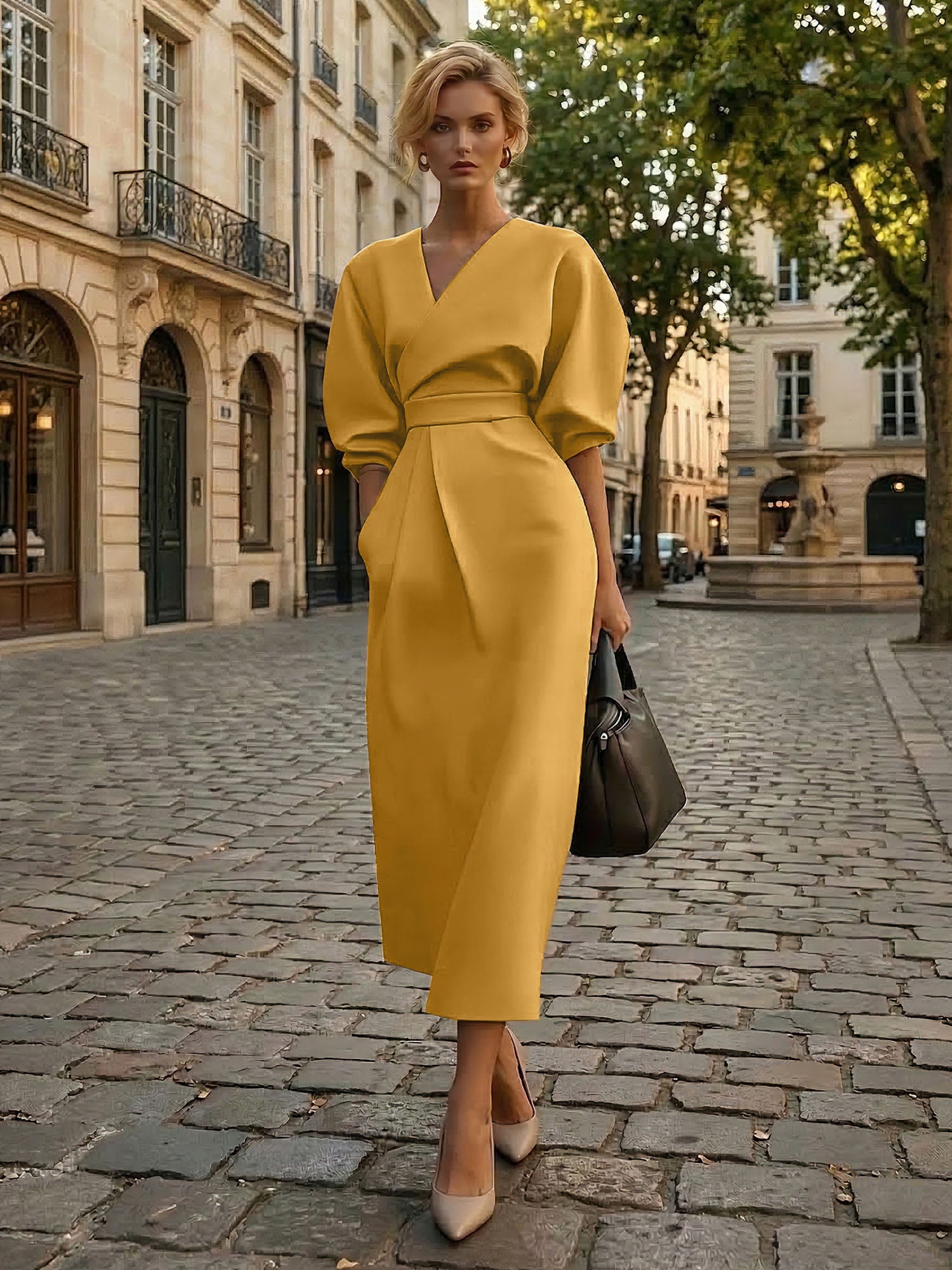 Sophisticated Camel V-Neck Balloon Sleeve Midi Dress Evening Gown
