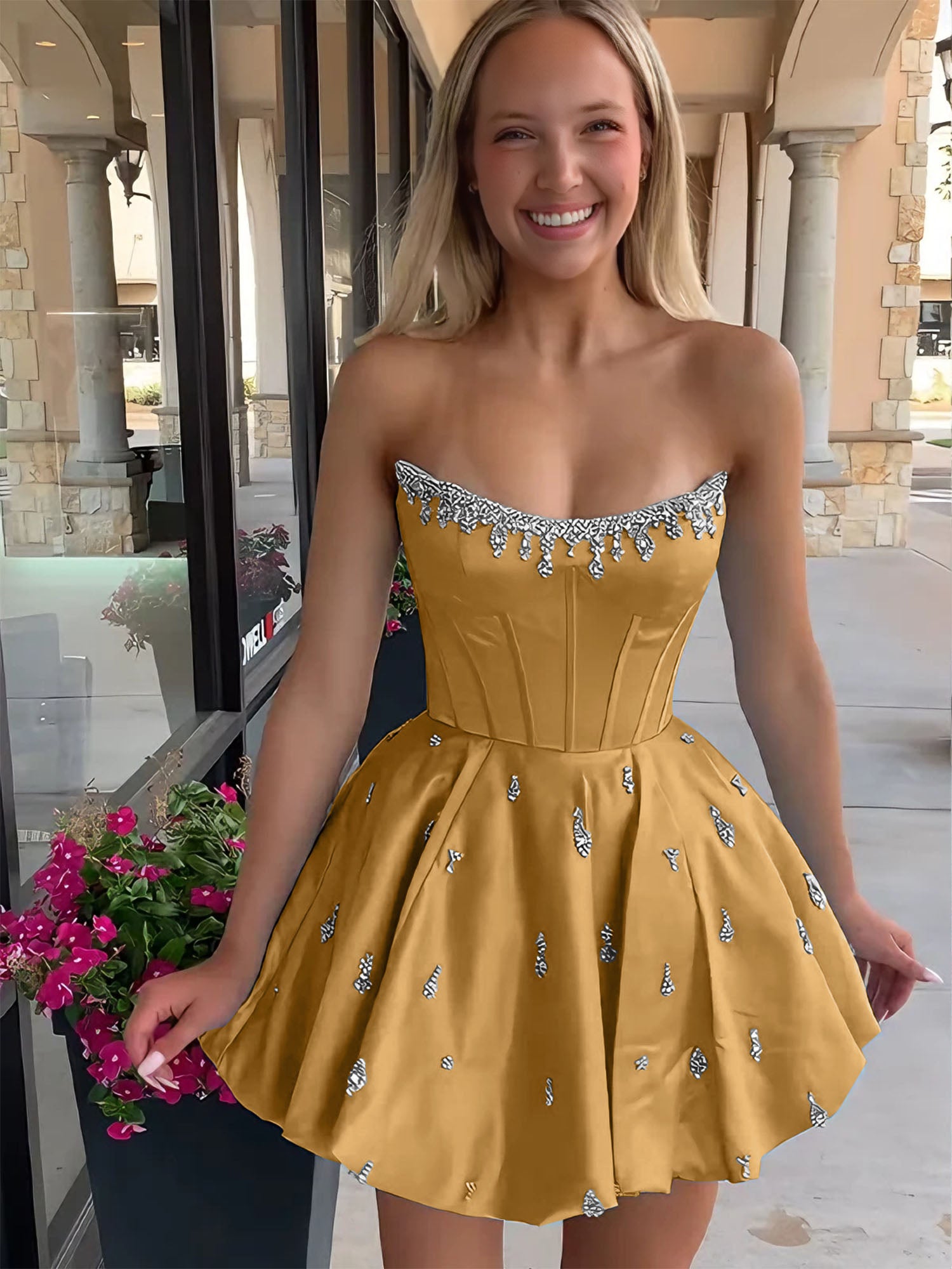 Sparkly Satin A Line Short Corset Homecoming Dress with Rhinestones