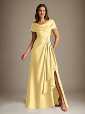 A-Line Scoop Floor-Length Stretch Satin Mother of the Bride Dress With Cascading Ruffles