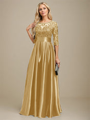 A-line Scoop Illusion Floor-Length Stretch Satin Lace Mother of the Bride Dress With Bow Sequins