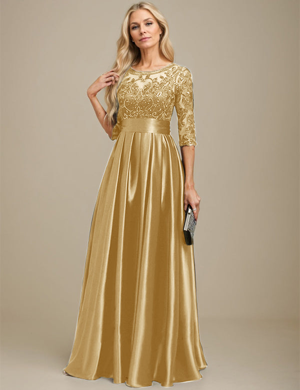 A-line Scoop Illusion Floor-Length Stretch Satin Lace Mother of the Bride Dress With Bow Sequins