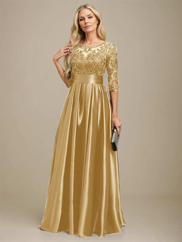 A-line Scoop Illusion Floor-Length Stretch Satin Lace Mother of the Bride Dress With Bow Sequins