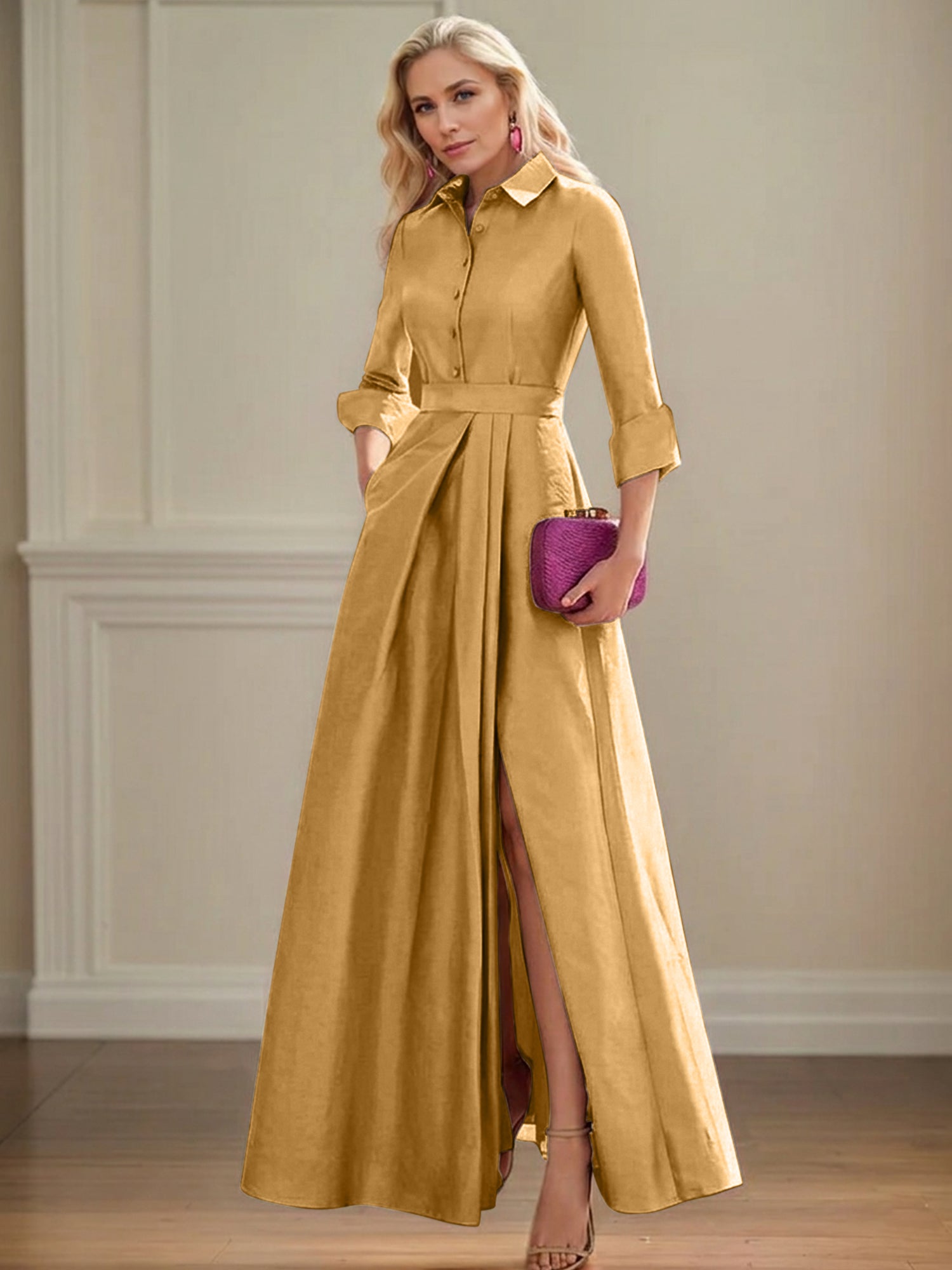 A Line High Neck 3/4 Sleeves Floor Length Mother of the Bride Dresses