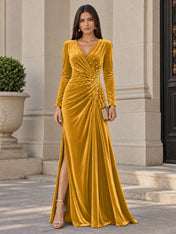 V-Neck Pearl Ruched Burgundy Velvet Floor-Length Evening Dresses with Long Sleeves