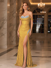 Dark Red Crystal Off-the-Shoulder Corset Prom Dress with Slit