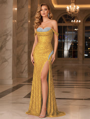 Dark Red Crystal Off-the-Shoulder Corset Prom Dress with Slit