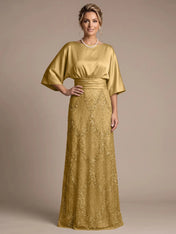 Bateau Neck Satin Evening Gown with 3/4 Batwing Sleeves Mother of The Bride Dresses