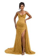 Gold Strapless Beading-Embellished Corset Prom Dress with Slit