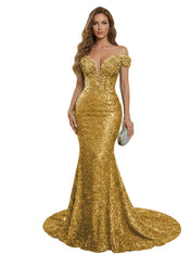 Sparkly Off The Shoulder Sequin Long Mermaid Corset Prom Dresses