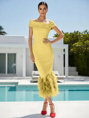 Striking Chartreuse Off-the-Shoulder Feather Trim Midi Dress Gown