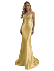 Blue Mermaid Spaghetti Straps V-Neck Rhinestone Long Prom Dress