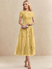 A-line Scoop Tea-Length Tulle Lace Mother of the Bride Dress