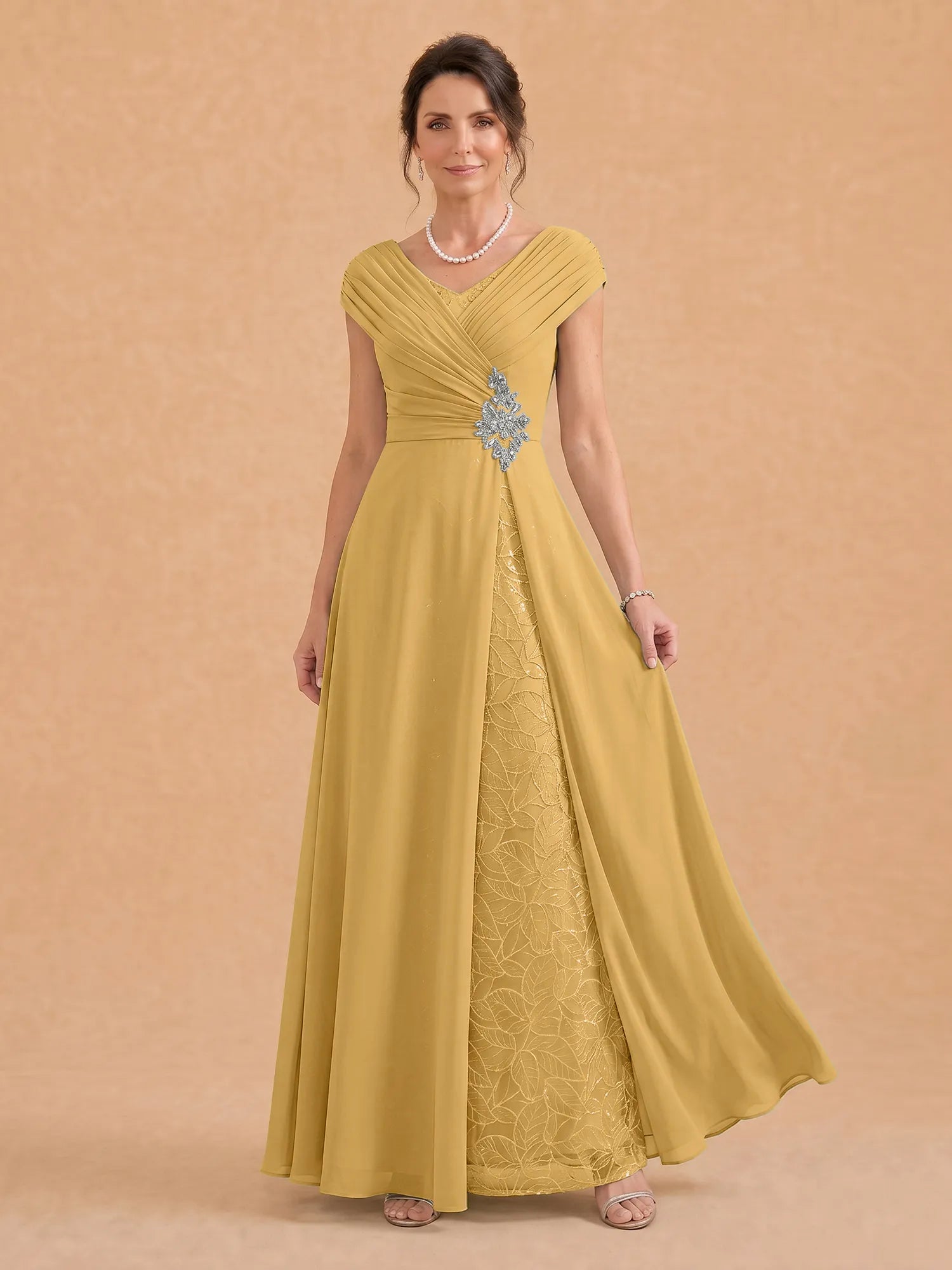 V-Neck Ruched Chiffon A-Line Mother of the Bride Dress with Crystal Brooch