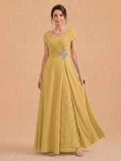 V-Neck Ruched Chiffon A-Line Mother of the Bride Dress with Crystal Brooch