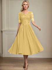 Robe de mère de la mariée trapèze, col en V, longueur genou, en mousseline de soie et dentelle, avec paillettes 