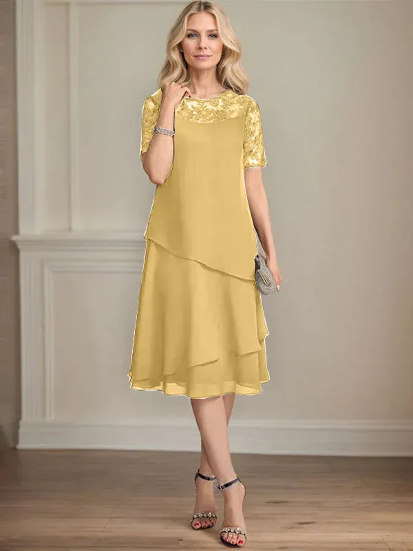 A-line Scoop Illusion Knee-Length Lace Chiffon Mother of the Bride Dress With Sequins