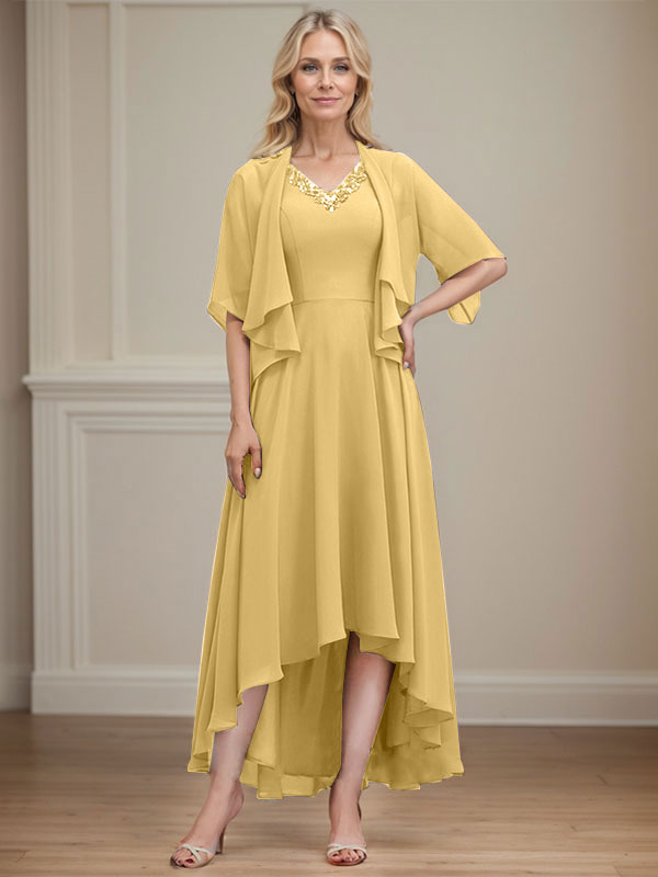 A-line V-Neck Asymmetrical Chiffon Mother of the Bride Dress With Beading Sequins