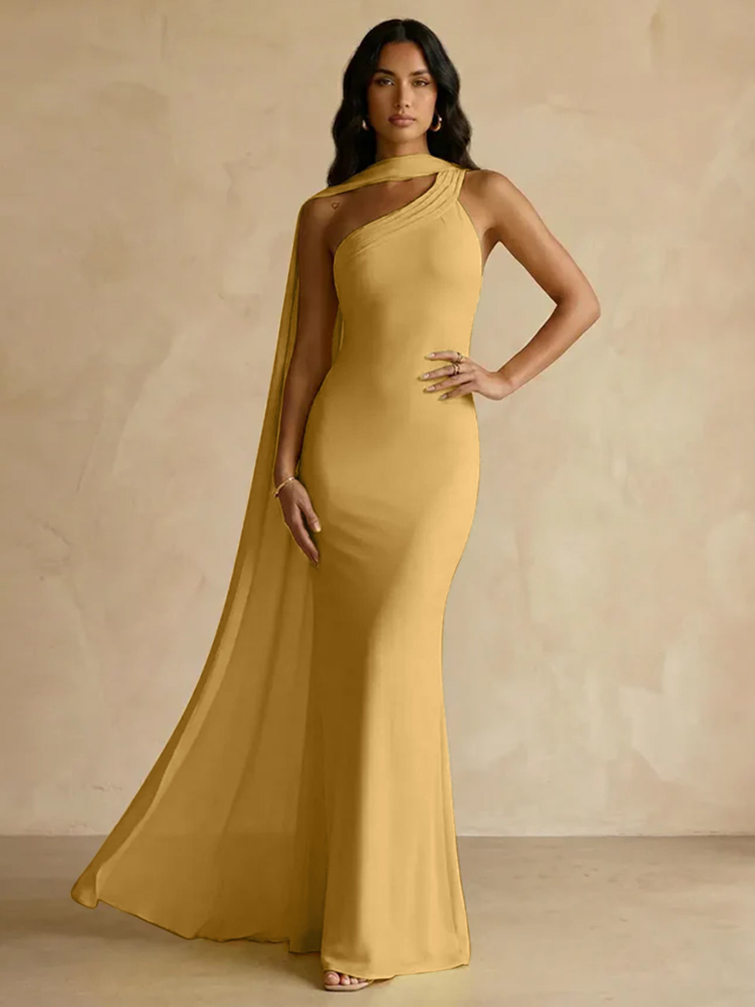 Yellow One-Shoulder Crepe Sheath Gown with Flowing Chiffon Cape Train
