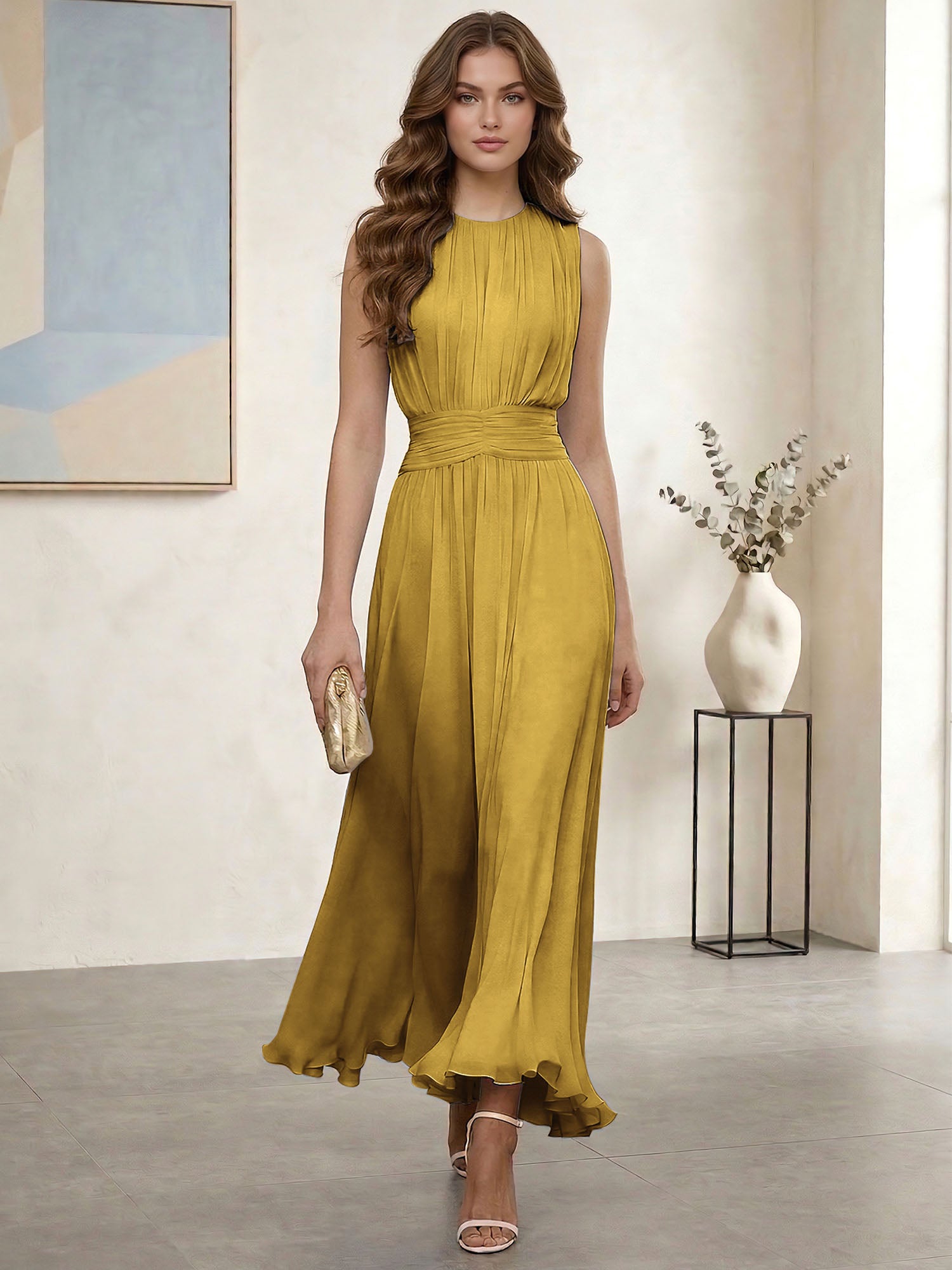 Ethereal Formal Evening Dress Ice Blue Pleated Chiffon Maxi Gown