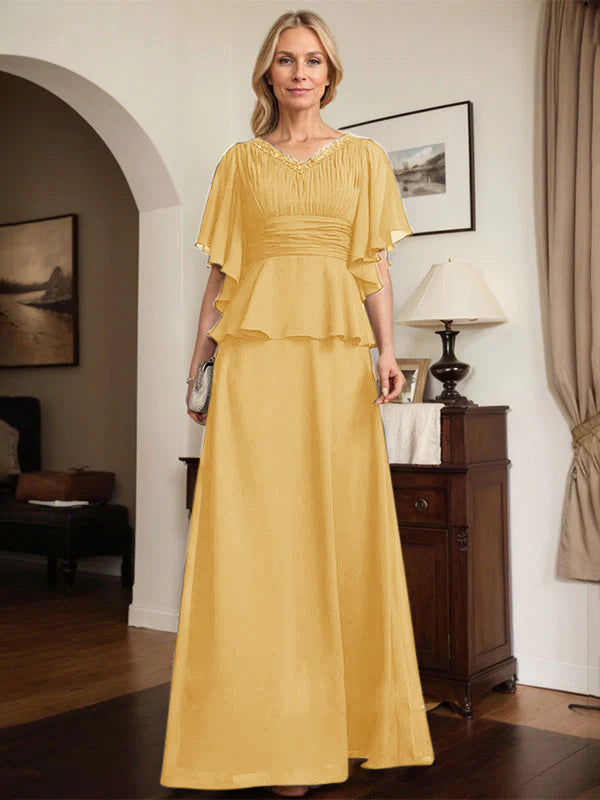 A-line V-Neck Floor-Length Chiffon Mother of the Bride Dress With Pleated Beading