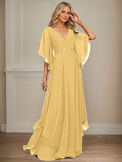 A-line V-Neck Floor-Length Chiffon Mother of the Bride Dress With Sequins Appliques Lace Beading