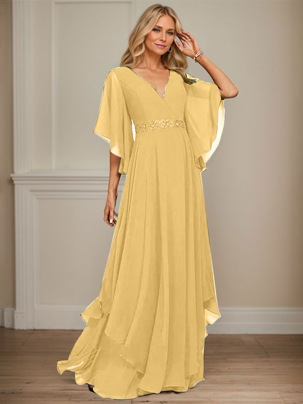 A-line V-Neck Floor-Length Chiffon Mother of the Bride Dress With Sequins Appliques Lace Beading