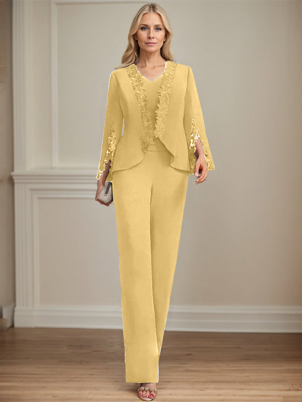 Separates Jumpsuit/Pantsuit V-Neck Floor-Length Chiffon Mother of the Bride Dress